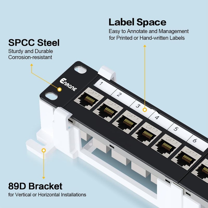Enmane 12 Port Patch Panel CAT7 Keystone Patch Panel Wall Mount 10 Inch Bracket Included for Cat6, Cat5e, Cat5 Cabling (1U CAT7) - Image 2